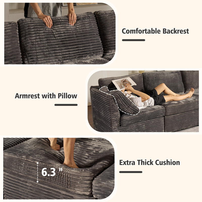 Nathasa 6-Piece Upholstered Corduroy Sectional, Gray Corduroy