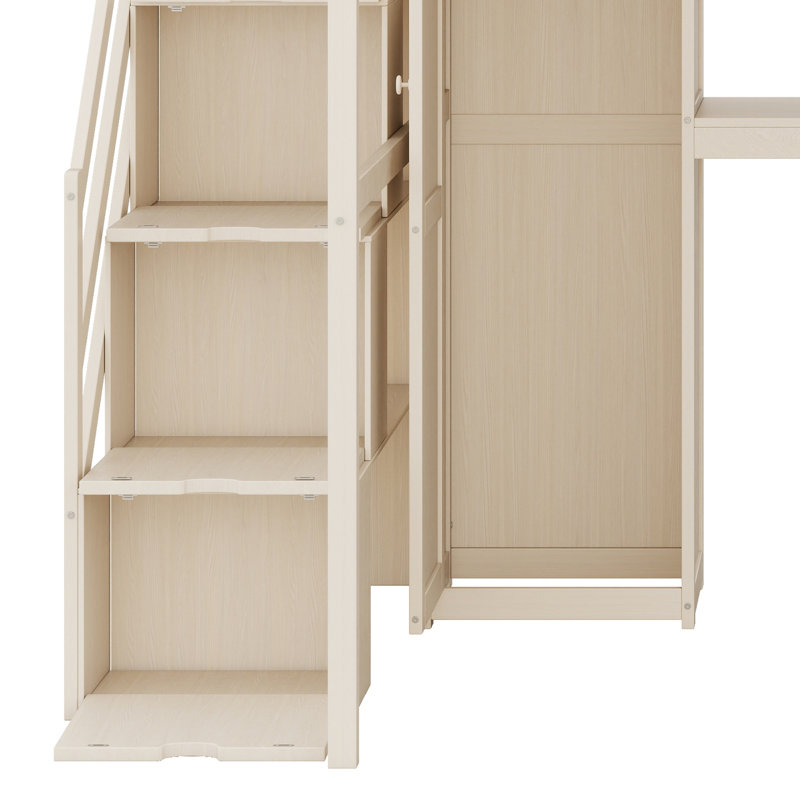 Structure de lit mezzanine avec garde-robe intégrée, bureau d'étude, tablettes de rangement, Beige