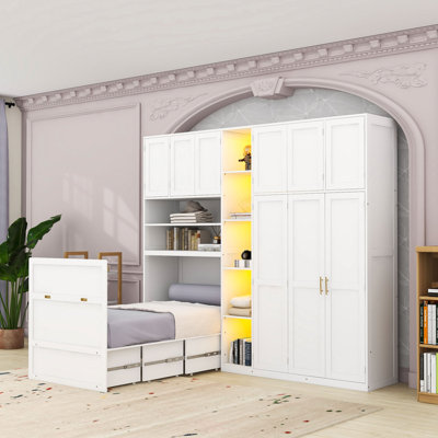 Twin Wood Murphy Cabinet Bed with Shelves