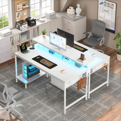 Small Home Office Computer Desk With Power Outlet And CPU Stand, Gaming Desk With Monitor Stand & LED Lights