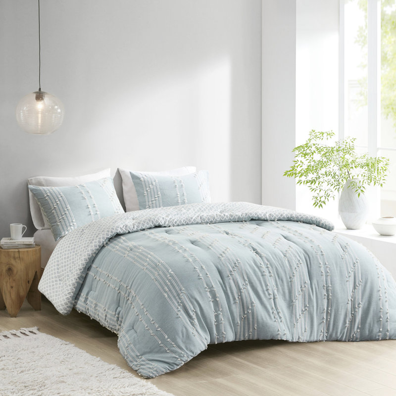 Édredon en coton double / grand - Rayures brodées de couleur naturelle et taies décoratives modernes à finition de couette pour lit