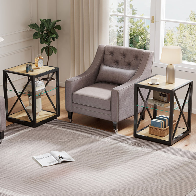 Ensemble de 2 tables de chevet de style industriel moderne, plateau en bois trempé et bois aggloméré | Idée de cadeau, 2