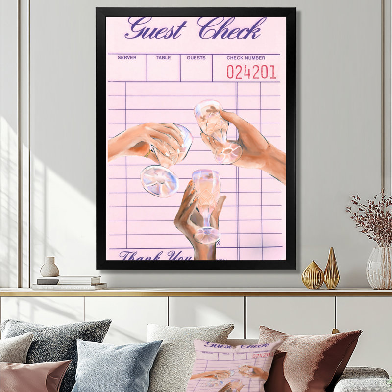 Champagne Happy Hour Cheers Check - salon d'art mural champagne, H 20 po x l 12 po x P 1 po, Toile encadrée noire simple