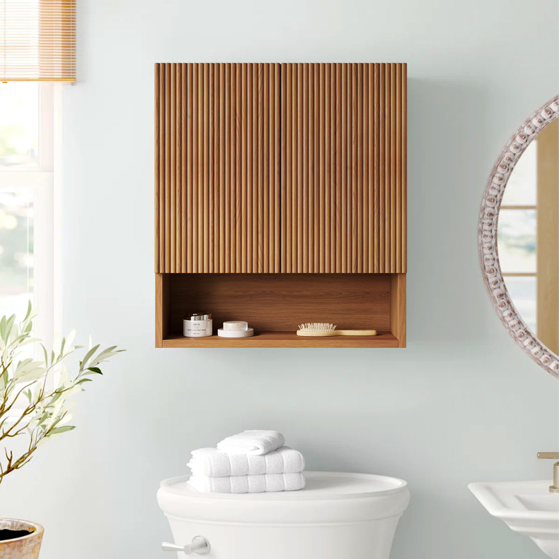 Meuble-lavabo mural moderne en chêne massif de 26 pouces avec compartiment de rangement à lattes en bois massif avec tablette