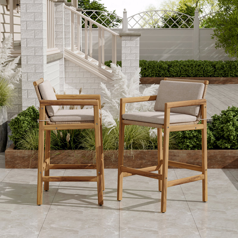 Set Of 2 Outdoor Patio Barstool, Wooden Teak Finished With Beige Cushion