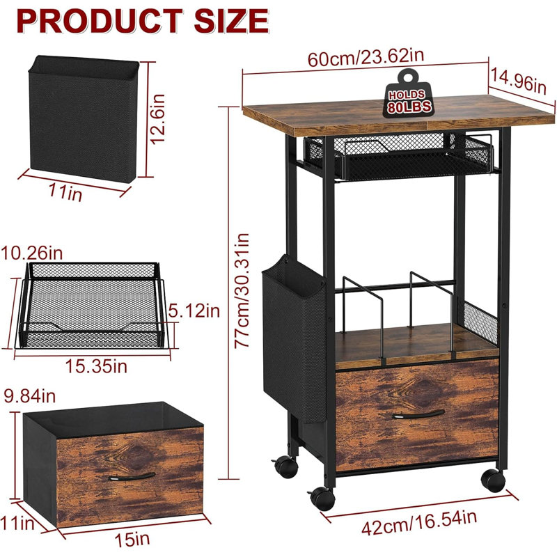 Mobile 3-Tier Printer Stand With Locking Drawer, Extended Desktop & Lockable Wheels, Adjustable Rolling Cart For Home Office Storage And Organization