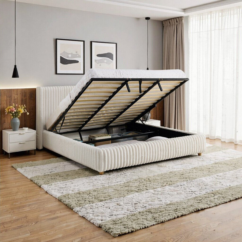 Très grand lit à rayures verticales fonctionnel avec rangement à gaz - Luxueux lit rembourré en fourrure de lapin pour chambres douillettes et organisées