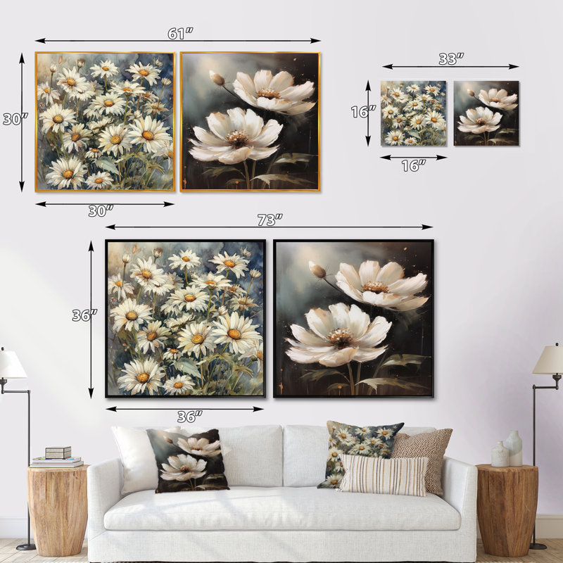Melody of Daisy - blanc et vert, Cadre flottant brun, H 30 po x l 61 po