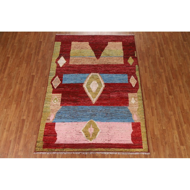 Tapis rouge en laine noué à la main de conception unique 6 pi 6 po x 9 pi 2 po New Age