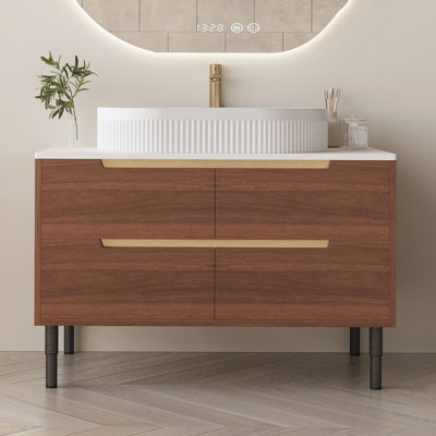 Meuble-lavabo moderne double 36 po avec lavabo en céramique et 4 tiroirs à fermeture en douceur, armoire flottante ou autoportante en bois
