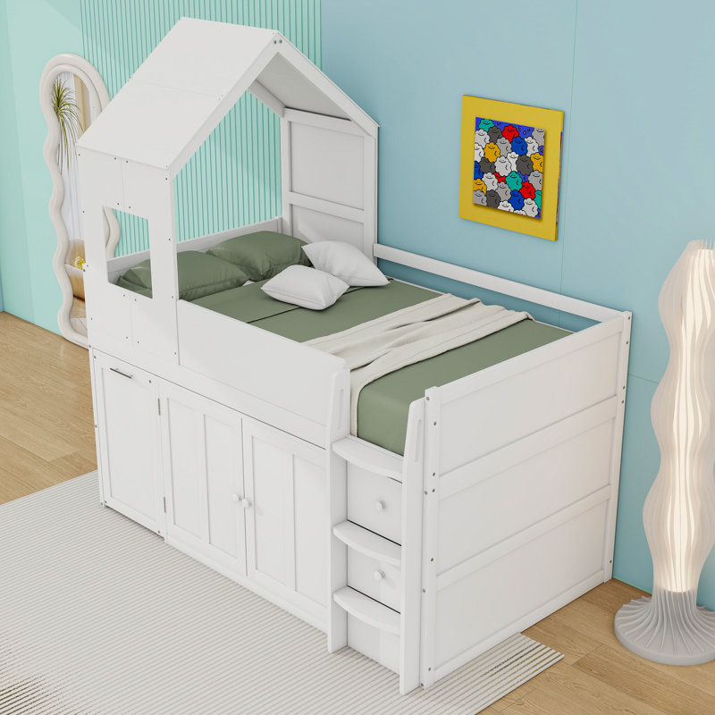 Lit mezzanine simple en bois avec bureau et tiroirs, tablettes, Blanc