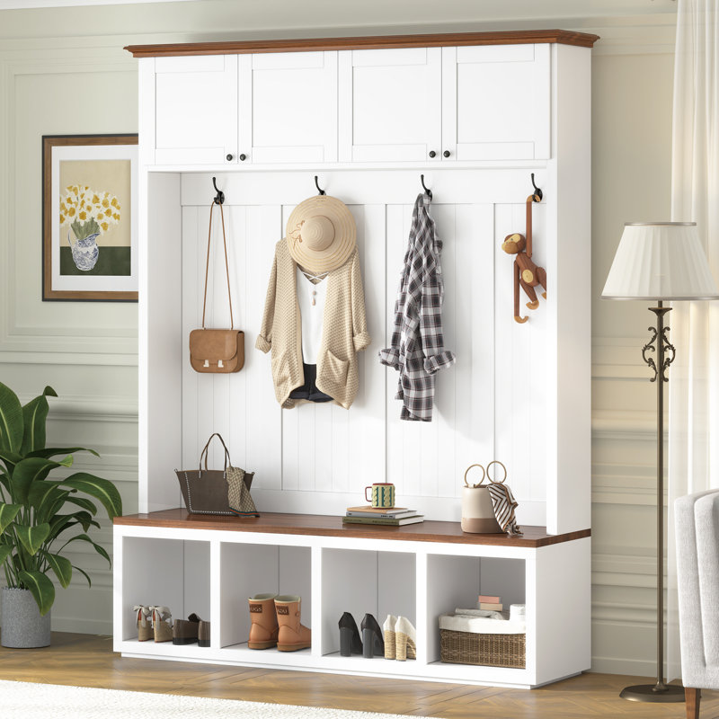 Hall Tree With Storage Bench, Entryway Organization With Hooks, Top Cabinets And Shoe Cubbies, Modern Farmhouse, Mudroom