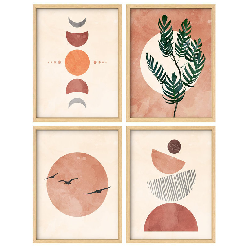 «Pastel Forest Plants Birds Symbols Abstract Shape Illustration Relax» 4 pièces, Or, H 20 po x l 16 po