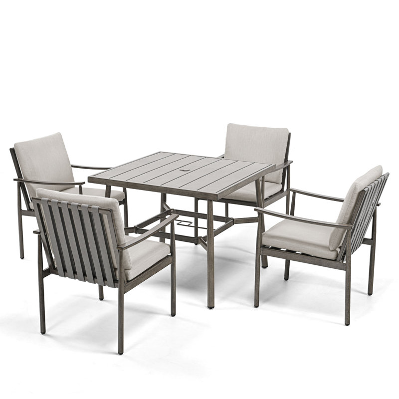 Mariene 4 - Person Patio Dining Set with Square Table , Cushions Included, Gray, Beige