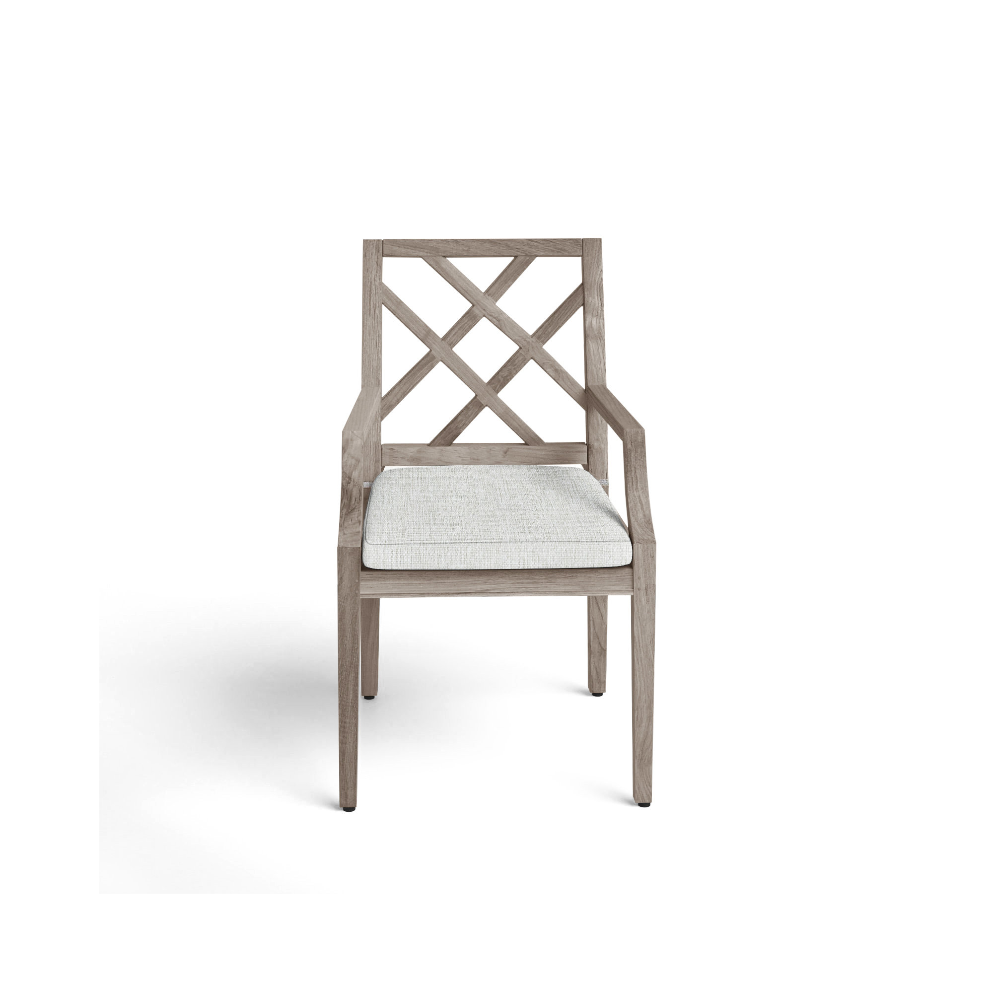 Haley Teak Outdoor Arm Chair Latticework Back, Oyster Teak, Welt, Bali Pearl
