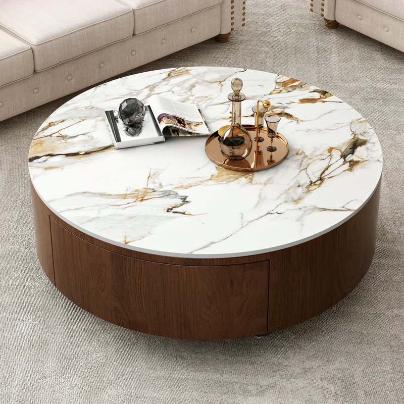 Table basse rustique ronde avec 2 tiroirs et plateau en pierre frittée