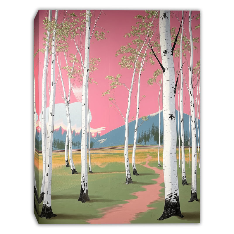 «Pink Sky Birches Path», art mural sur toile tendue, H 16 po x l 12 po