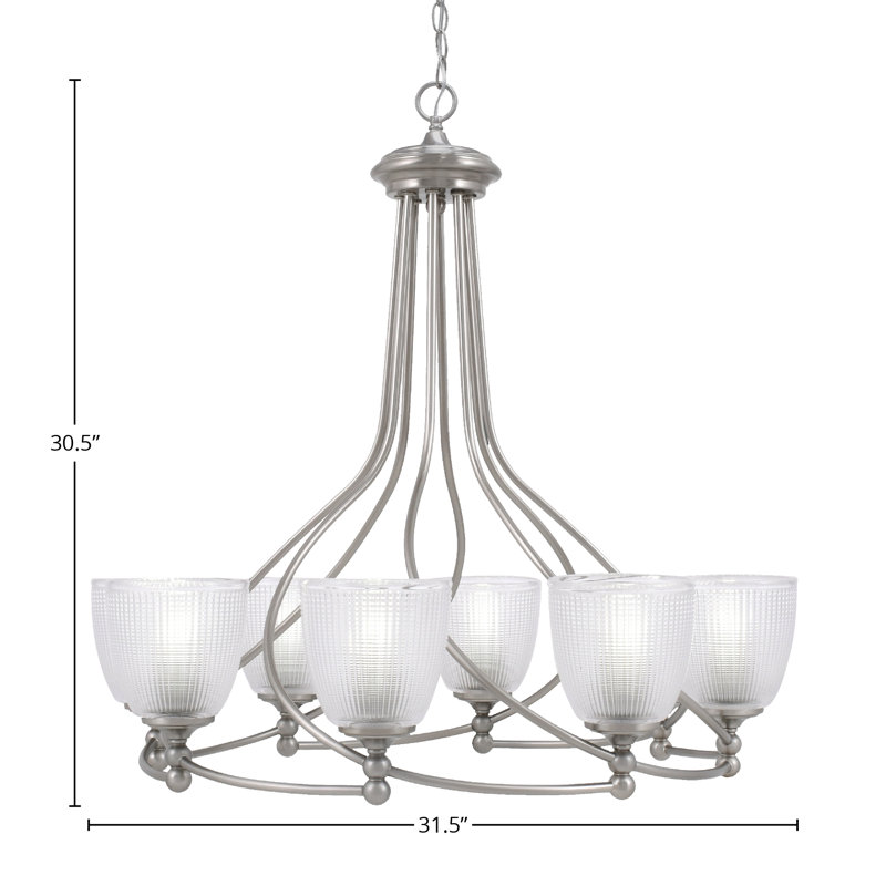 Lustre 8 lumières avec verre transparent nervuré 5 "Capri, Nickel brossé