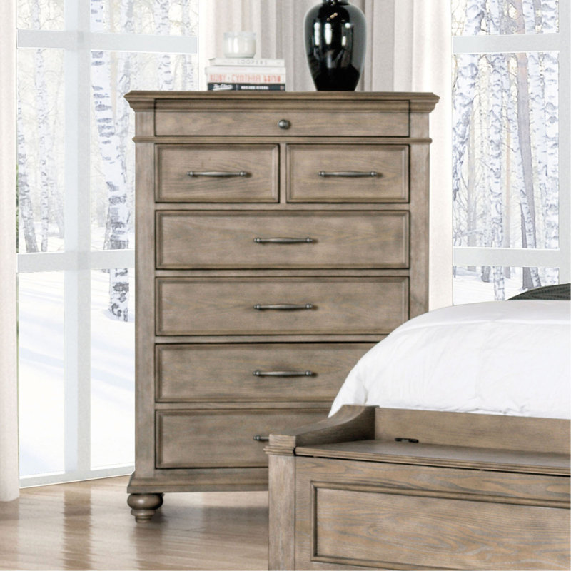 Meubles de chambre à coucher à finition transitionnelle en chêne vieilli avec poignées en métal et poignées en métal 7 pièces