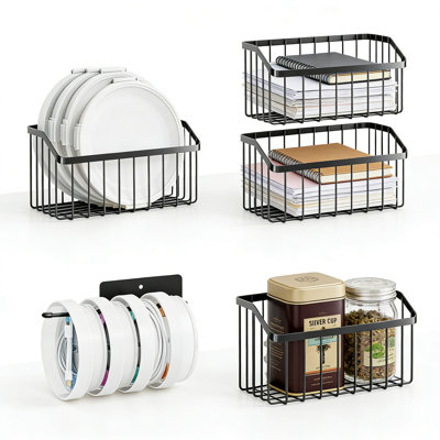 Ensemble de porte d'armoire, paniers de rangement en métal 5 pièces pour couvercles de contenants alimentaires, rangement pour aliments, gobelets, épices et articles de toilette, antirouille sous l'évier ou organisateur de véhicule récréatif avec adhésif et fixation à vis