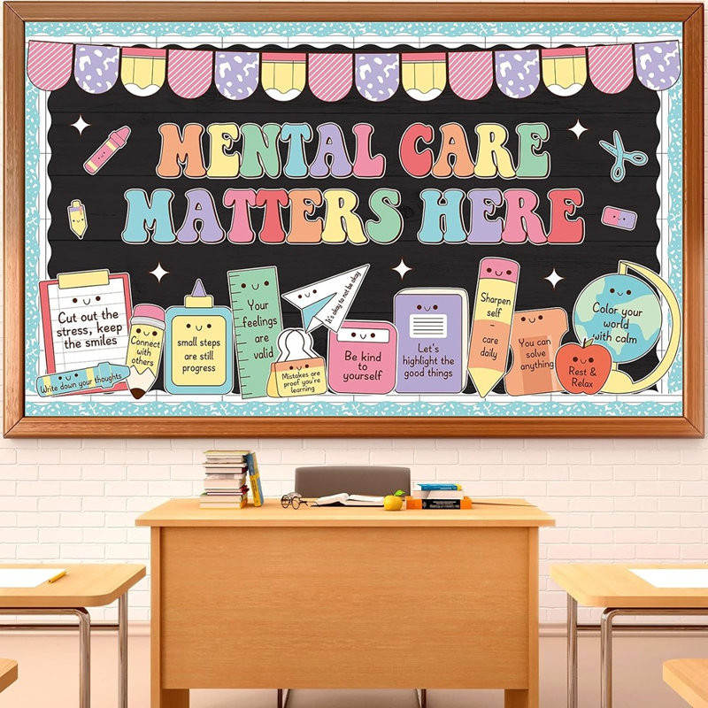 Ensemble de babillards Mentale - «soins mentaux ici», décorations de classe avec découpes pastel