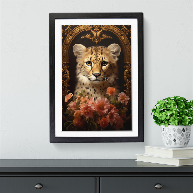 Cheetah Baroque No.3 - Single Picture Frame Print on Wood, 46cm H x 34cm W x 2cm D, Black Framed