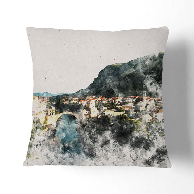 Skyline Of Mostar Square Throw Cushion, 40cm H x 40cm W x 15cm D, White