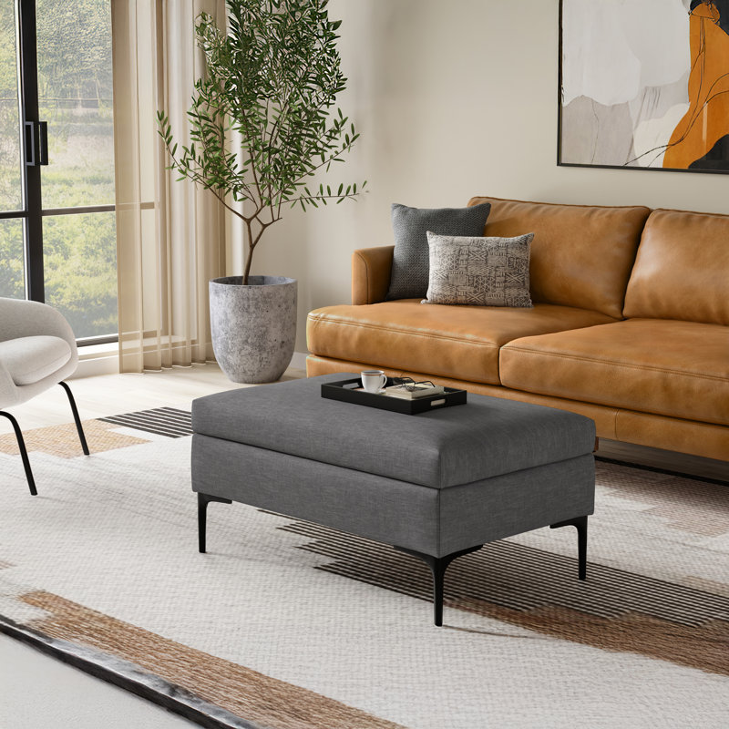 Rebecca 36"W Upholstered Linen-Look Fabric Mid-Century Modern Rectangular Lift-Up Coffee Table Storage Ottoman with Hidden Storage