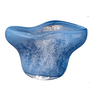 Bol décoratif Lesy, bord froncé à volants, verre soufflé bleu 14 pouces