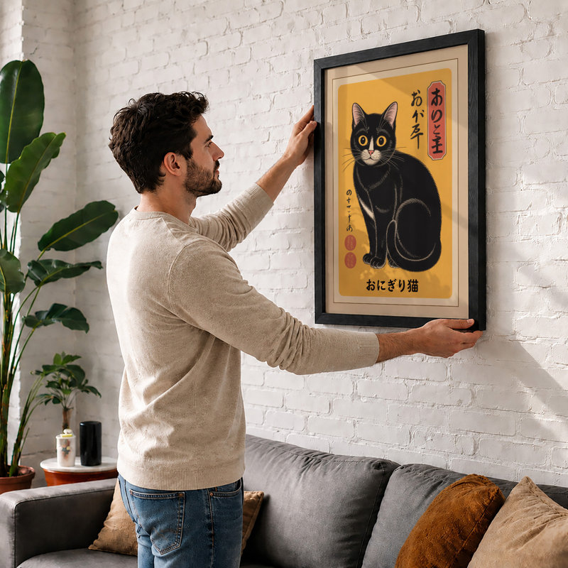 Lucky Cat Charm Japandi - Framed Print, Unframed, A2 - 59.4 x 42.0 cm