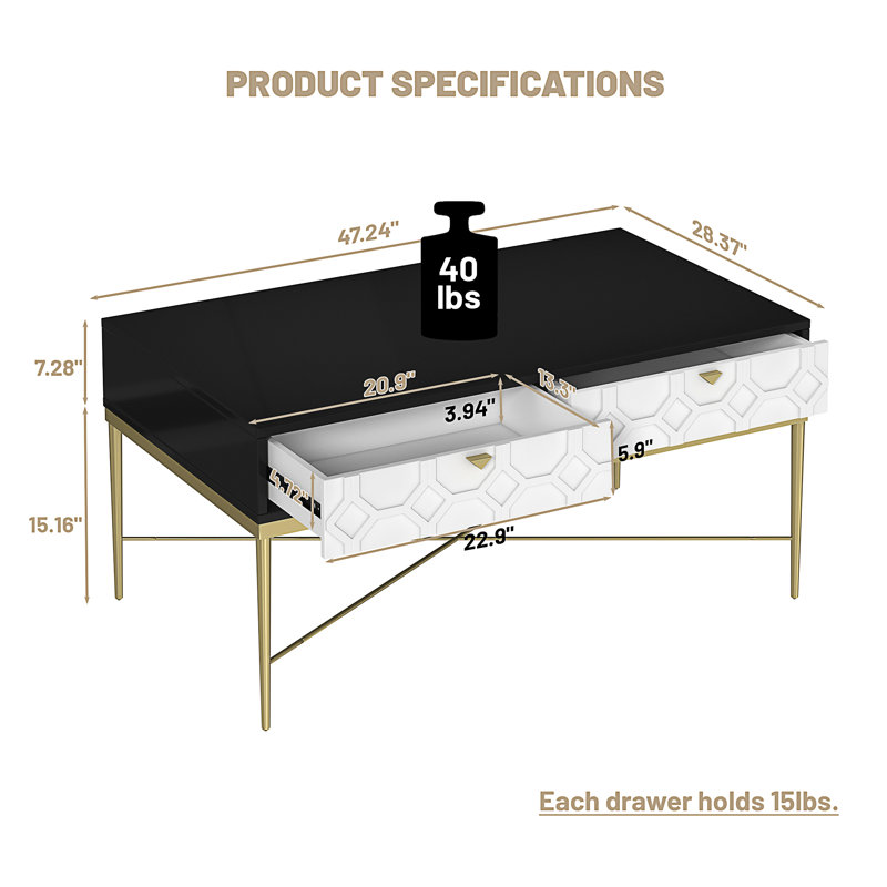 Table basse moderne avec 2 tiroirs noir et blanc Modern (table incluse seulement)