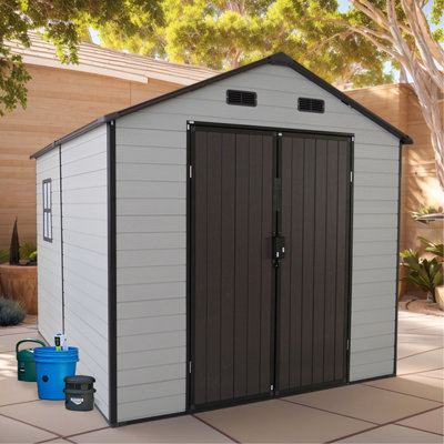 Remise de rangement en résine de 8 pi x 8 pi avec fenêtres, structure en aluminium et plancher robuste, idéale pour les décorations saisonnières outils de jardin, cadre et cour arrière de 8 pi x 8 pi x 7,6 pi brun antique et blanc