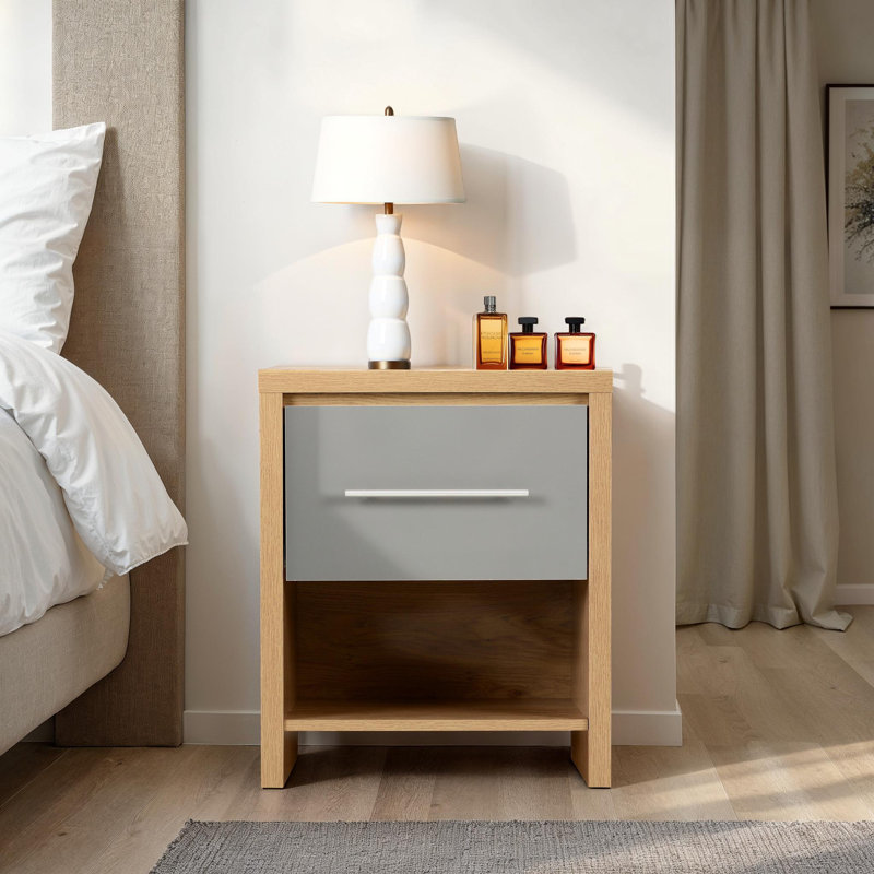 Louisa 1 Drawer Bedside Table, Light Oak Veneer/Grey High Gloss