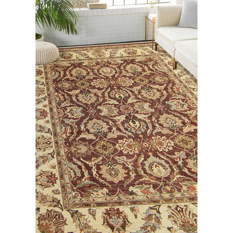 Tapis fin fait à la main Chobi Jennifer - Aubergine - Ivoire, 8 pi 0 po x 10 pi 6 po