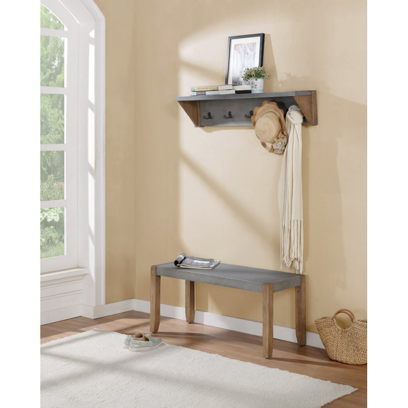 Aston 40" Wide Rustic Industrial Wall Mounted Coat Rack With 5 Hooks And 1 Shelf With 1 Bench