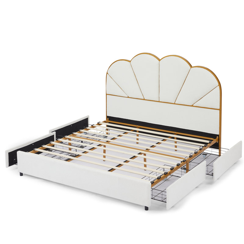 Structure de lit plateforme avec rangement, lit tapissier en sherpa avec tête de lit coquille festonnée, Grand lit