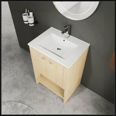 Meuble-lavabo autoportant avec lavabo en céramique, portes à fermeture douce et fabrication en contreplaqué durable