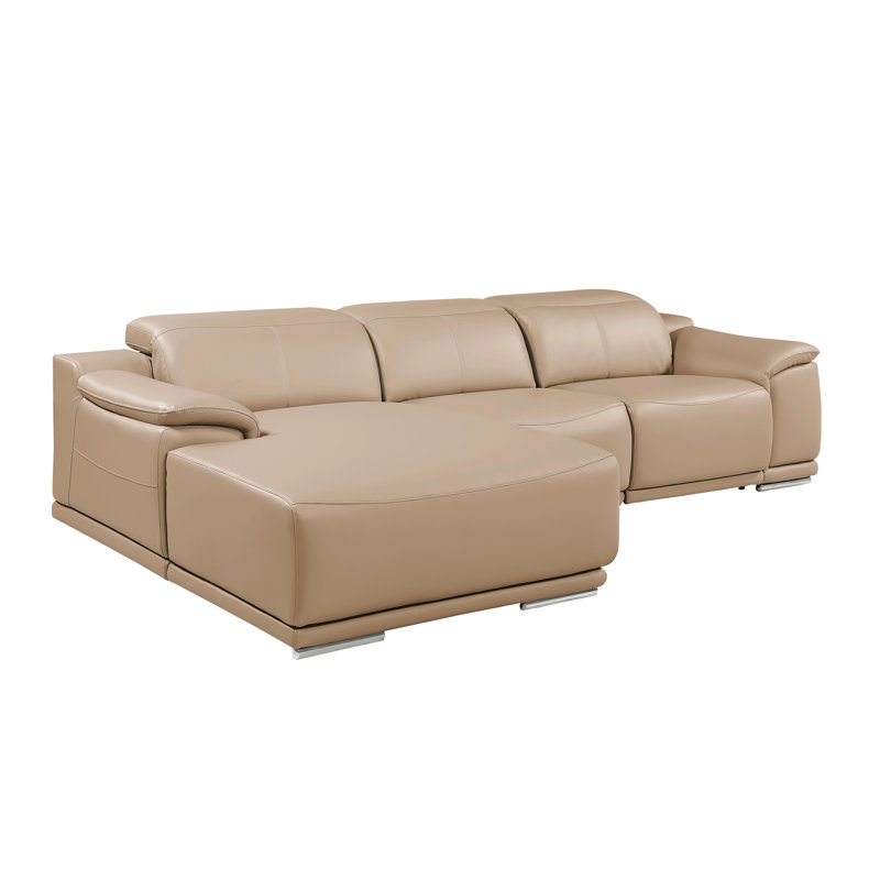Canapé modulaire en L en cuir véritable 3 pièces beige avec 1 fauteuil inclinable électrique et appuis-tête réglables faisant face à la gauche