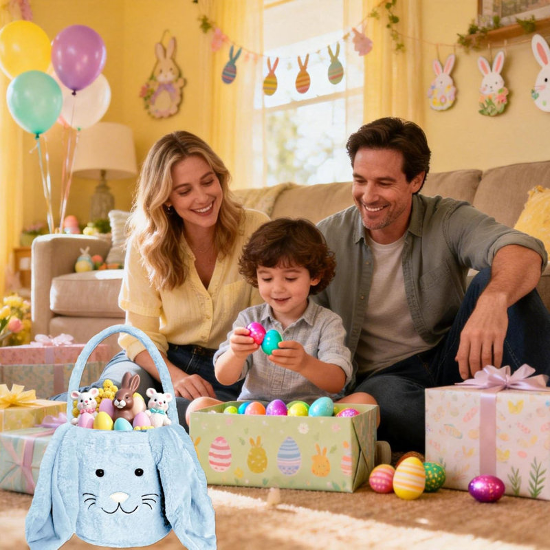 Panier de lapin de Pâques pour enfants, tissu moelleux de chasse aux œufs de Pâques, sac fourre-tout à lapin mignon avec oreille longue et moelleuse