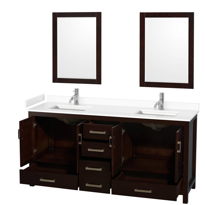 Sheffield 72" Freestanding Double Bathroom Vanity with Cultured Marble Top with 24" Mirrors, Espresso, White Cultured Marble
