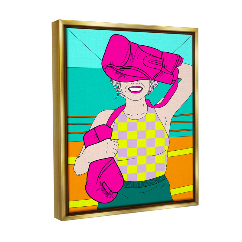«Bold Kickboxing Woman» par Grace Popp sur toile, Cadre flottant métallique doré, H 21 po x l 17 po