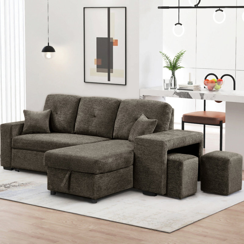 Canapé-lit modulaire réversible avec tablette latérale et 2 tabourets, canapé-lit coulissant en L, canapé-lit d'angle avec méridienne de rangement gauche / droite pour le salon, gris anthracite Knox