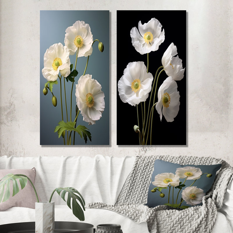 Elegant White Whispers Poppies - Ensemble de 2 décorations murales coquelicots, H 28 po x l 25 po, Toile tendue