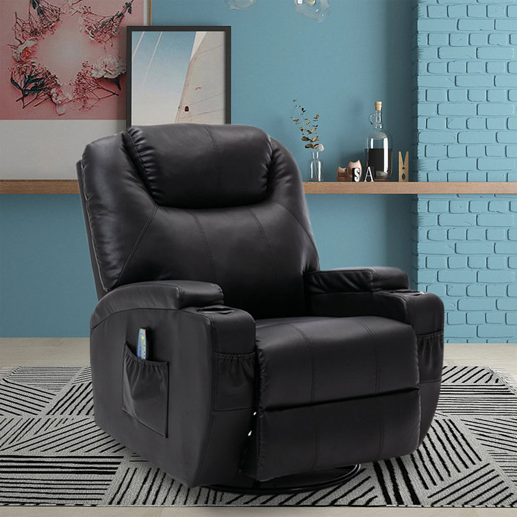 PU Leather Recliner Rocker Chair With Heated Massage 360 Degree Swivel With Cup Holders Living Room