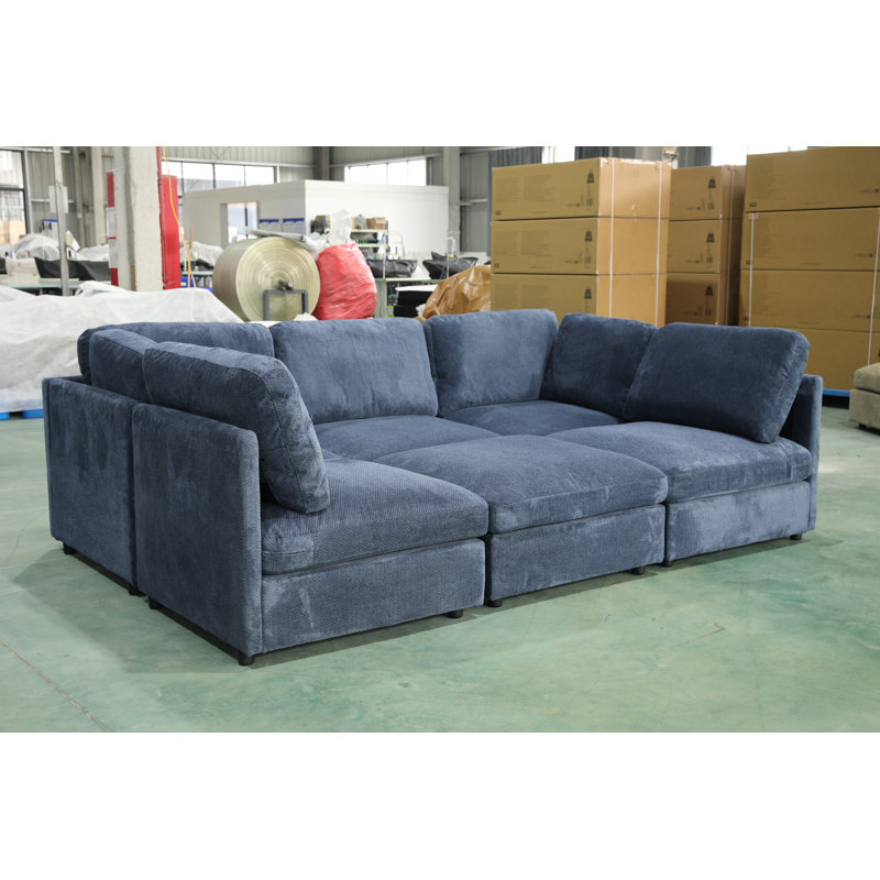 U Shaped Modular Sectional Sofa Sleeper Sofa, 30.54" H x 99.6" W x 65.35" D, Blue Polyester Blend