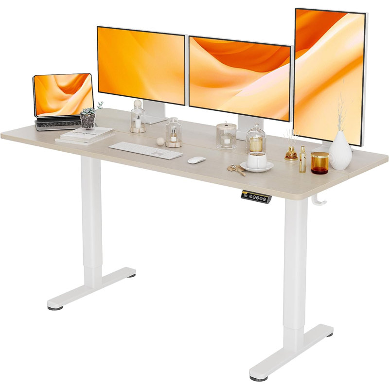 Electric Height Adjustable Standing Desk with Hooks, Nature/White, 46.5" H x 63" W x 24" D