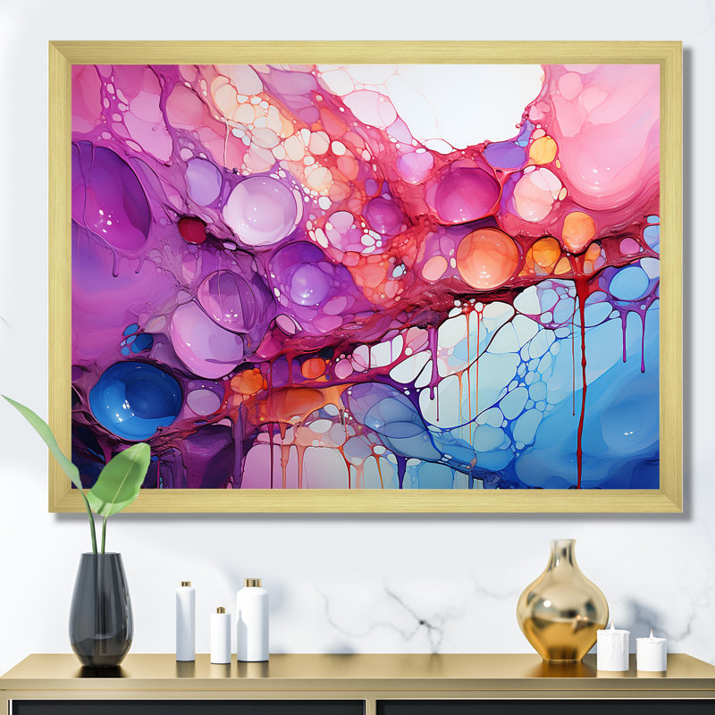 Symphonie mauve et bleue goutte à goutte - décoration murale goutte à goutte, Cadre doré simple, H 24 po x l 32 po x P 1 po