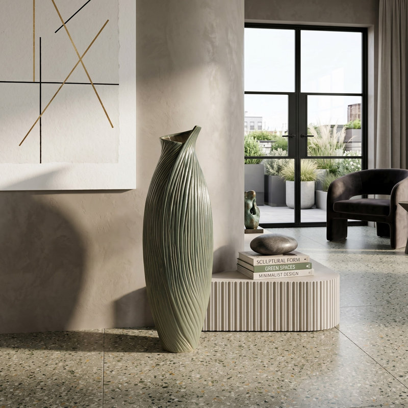 Modern Cylinder Ceramic Floor Vase for Living Room Decor - Tall Decorative Flower Accent for Home Entryway or Corner Styling - Green