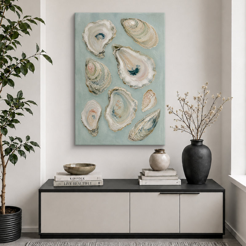 Illustration de arrangement de coquille d'huître douce sarcelle, images de salle de bain, impression sur toile encadrée, impression numérique
