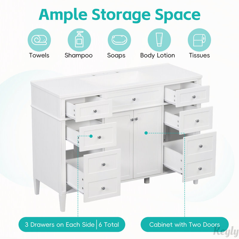 Ensemble de meuble-lavabo 48 po avec 6 tiroirs 48 po, Blanc